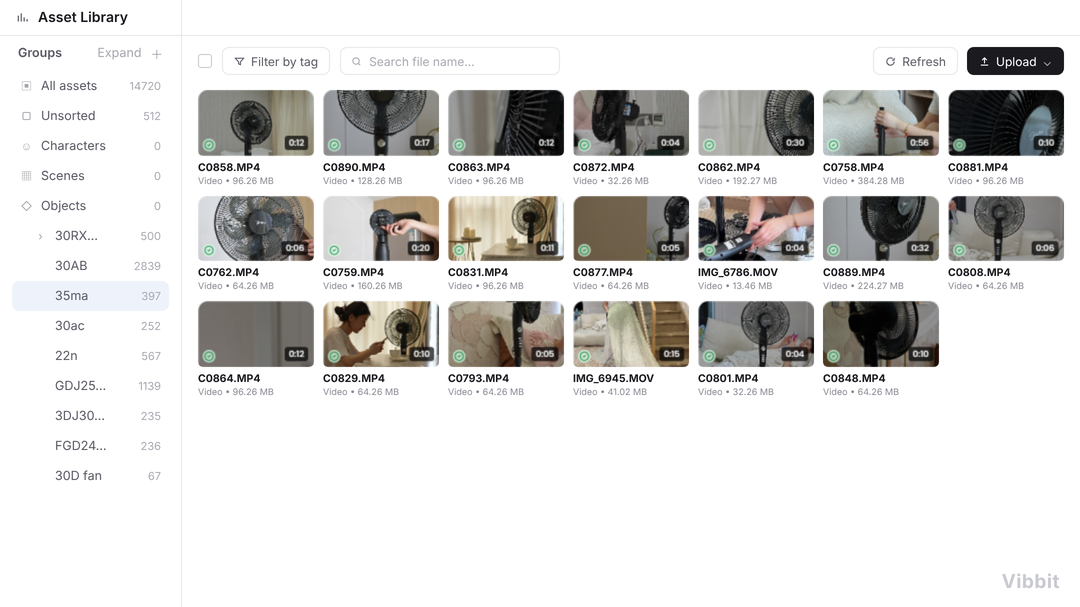 Vibbit asset library with video clips organized for reuse