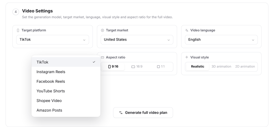 Vibbit video settings showing target platform, market, language, aspect ratio, and visual style