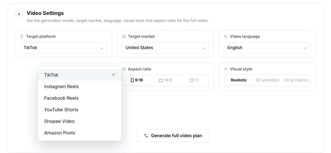 Vibbit settings for the target platform, market, language, and aspect ratio